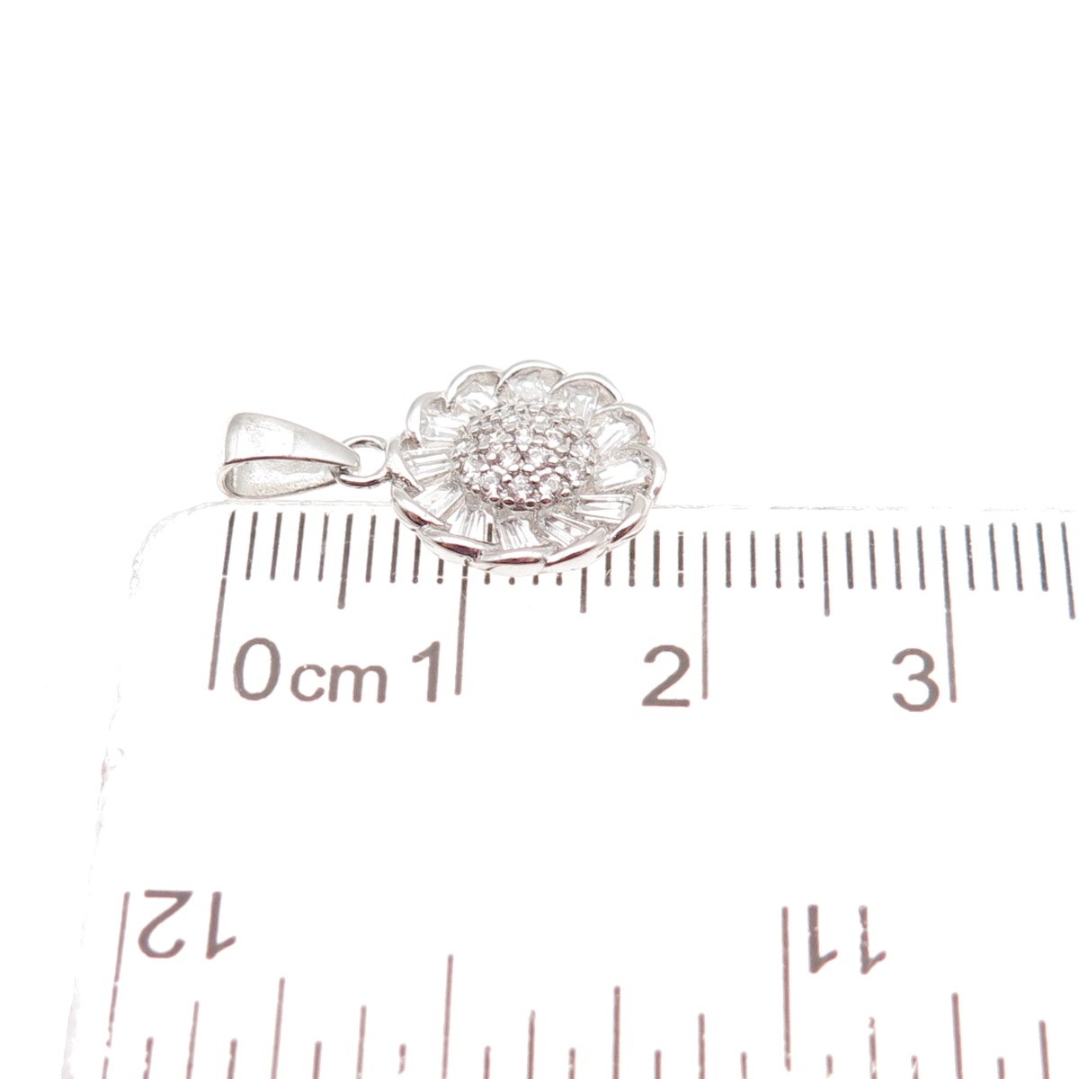 925 Sterling Silver Round & Tapered Baguette-Cut C Z Flower Mini Charm Pendant