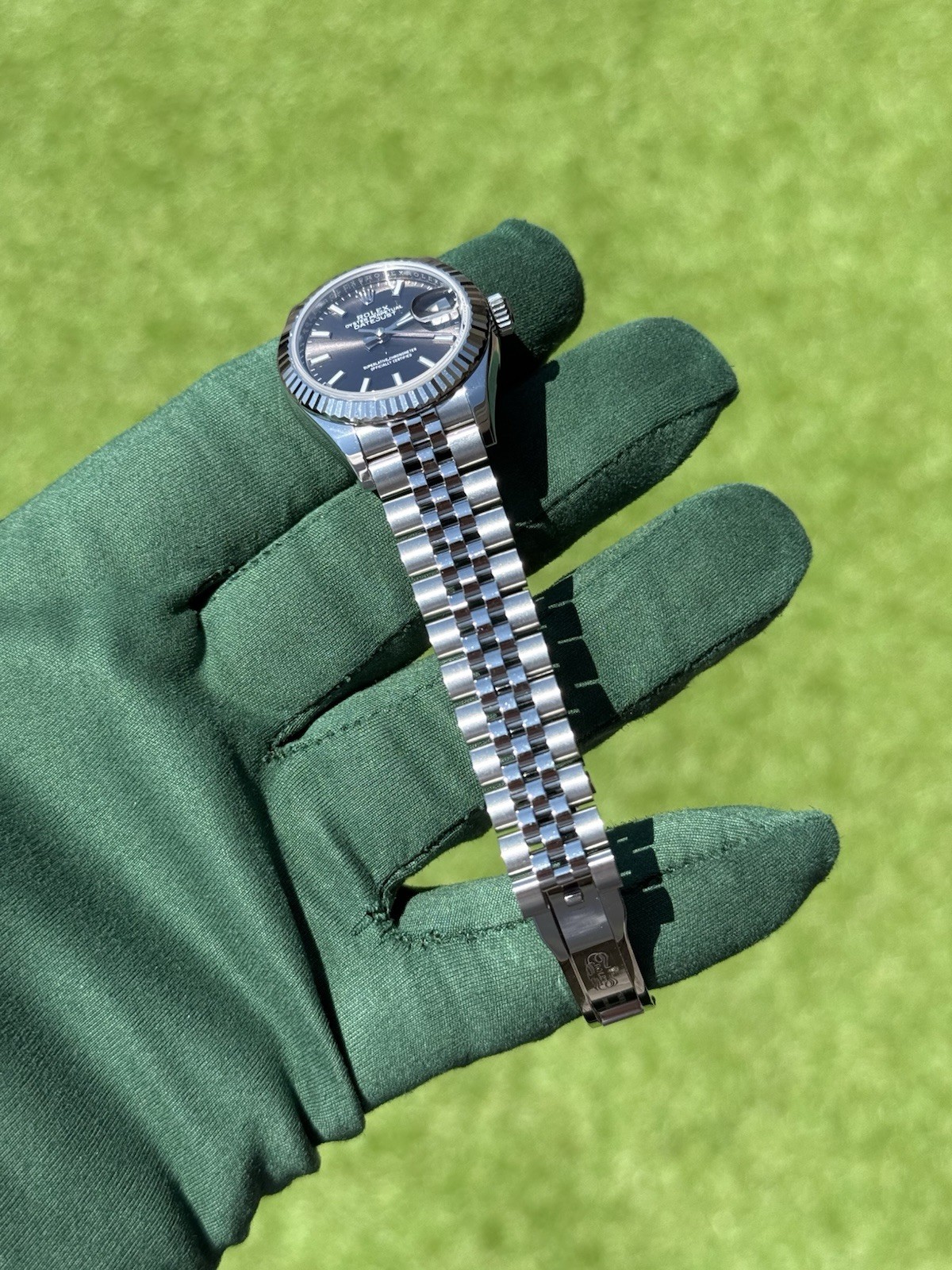 Ladies Rolex Datejust 28 18K WG Fluted Steel Jubilee Dark Grey Dial 279174 Box