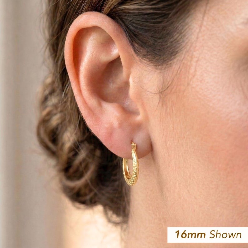 14K Real Solid Yellow Gold Greek Key Curved Round Creole Hoop Earrings 16MM 18MM