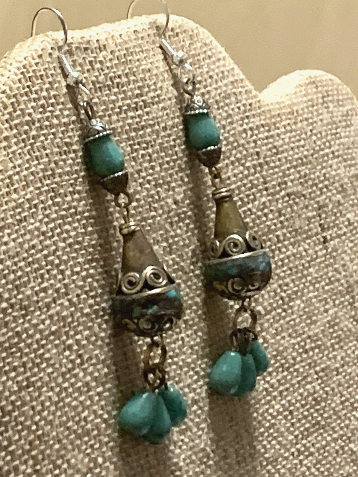 NEW ITEM* HANDCRAFTED NEPAL BEAD &TURQUOISE EARRINGS*-.925 STERLING EAR WIRE-NEW