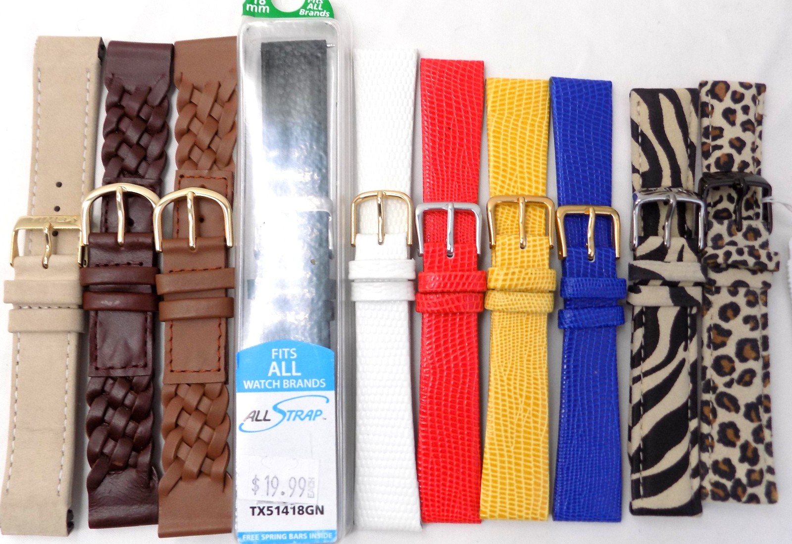 Lot of 10 All 18mm Watch Bands Leather Lizard Grain Braided Timex Mixed Colors