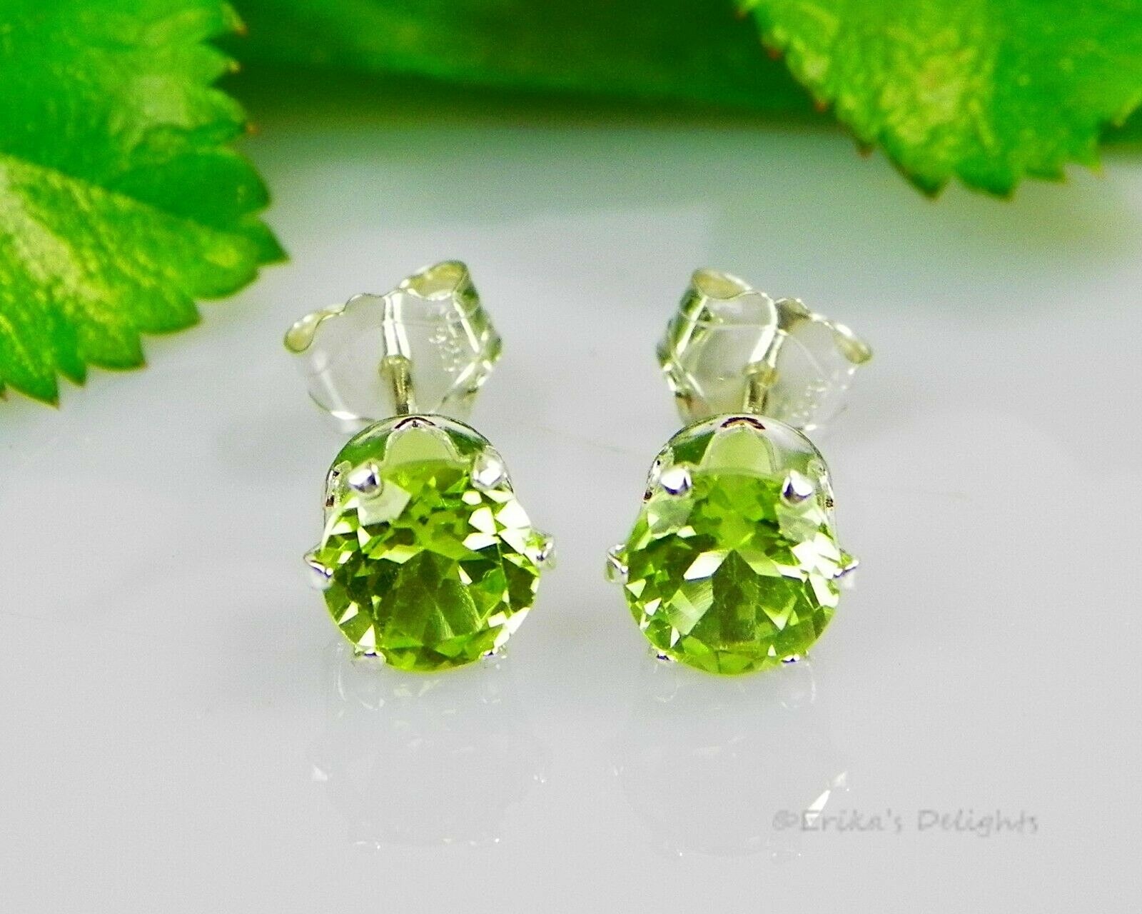 Genuine Green Peridot Round Sterling Silver Earrings (FREE SHIPPING)