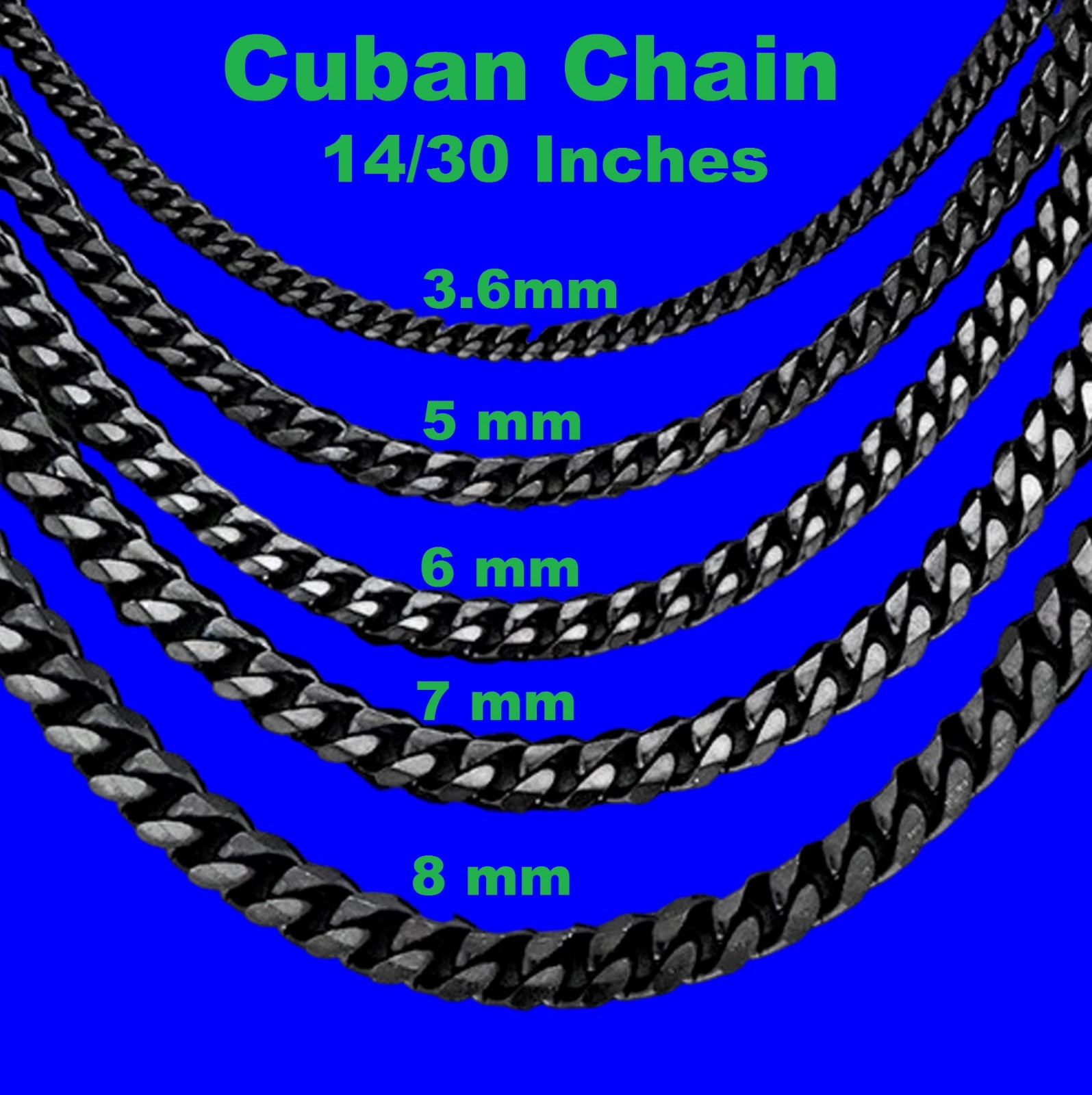 Chain Necklace Wheat stainless steel Black for men&women, 16/ 30 in, 3/4/5/6/7mm