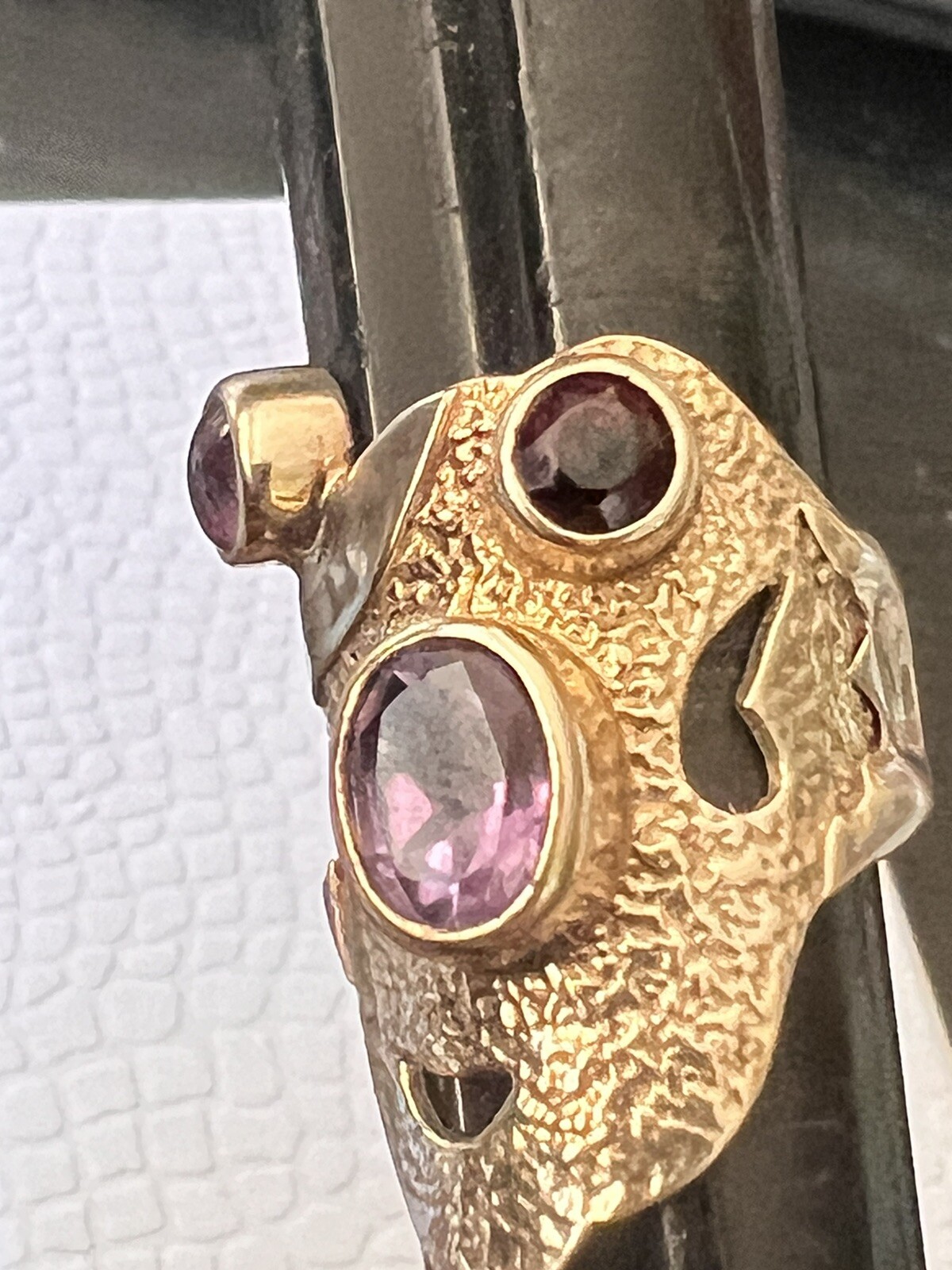 Unique Artisan Signed Yes Two Toned Sterling 925 Amethyst Garnet Wide Band Ring