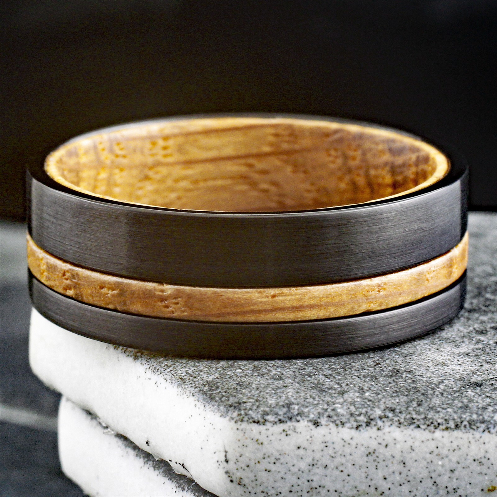 8mm Men’s Black Brushed Tungsten Carbide-Whiskey Barrel Wood Wedding Band Ring