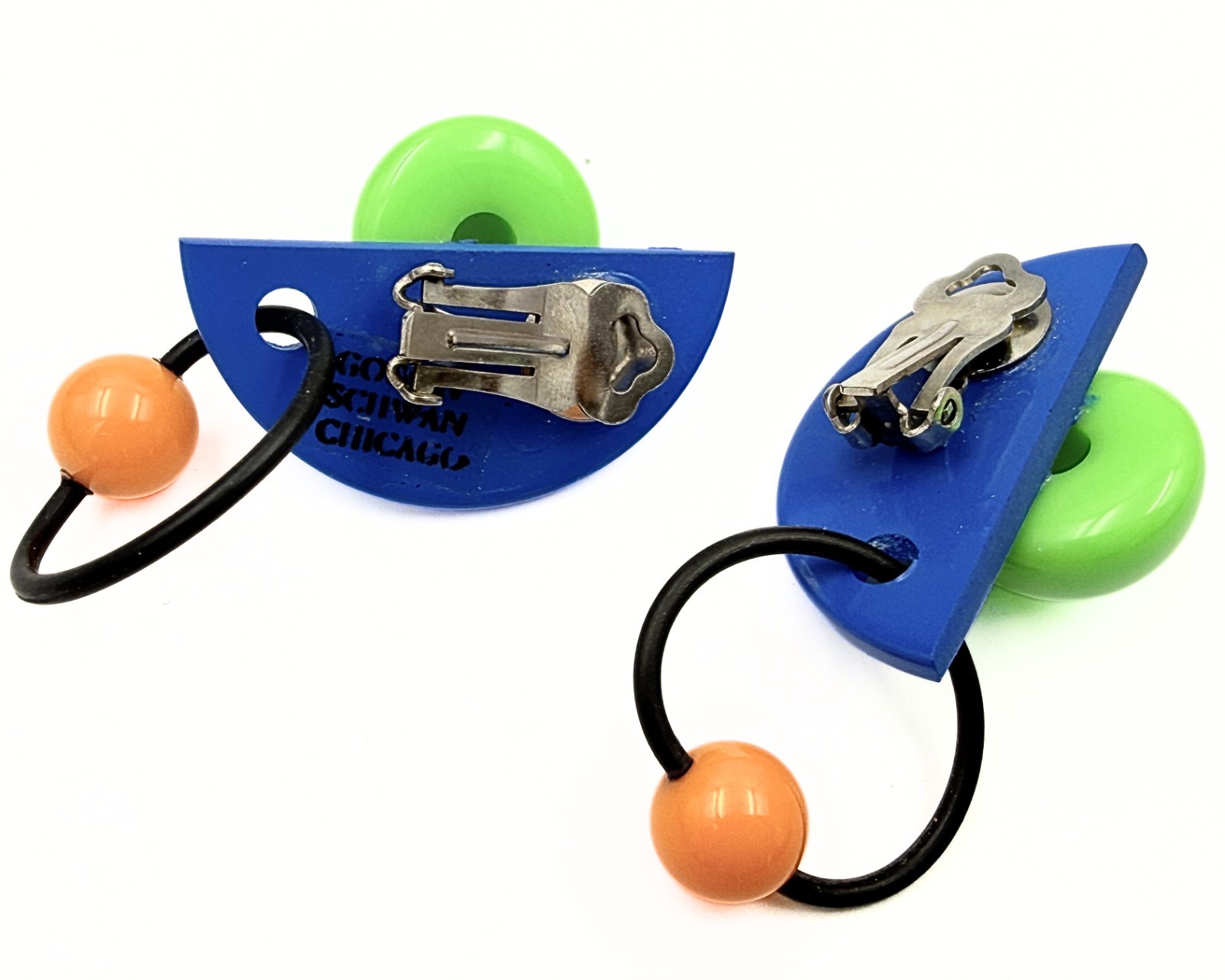 Vintage MCM Blue Green Orange Geometric Lucite Dangle Clip Earrings