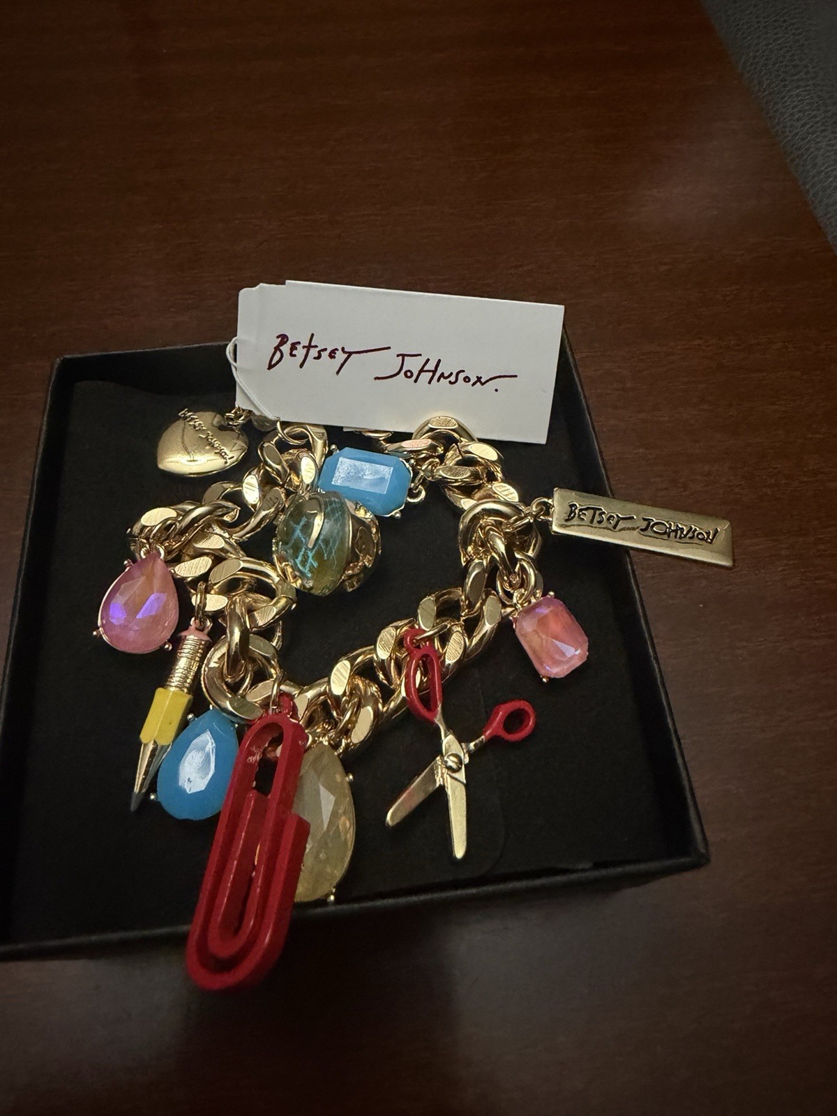 Betsey Johnson Gold Tone Curb Link Charm Bracelet Multicolor Crystal Signed