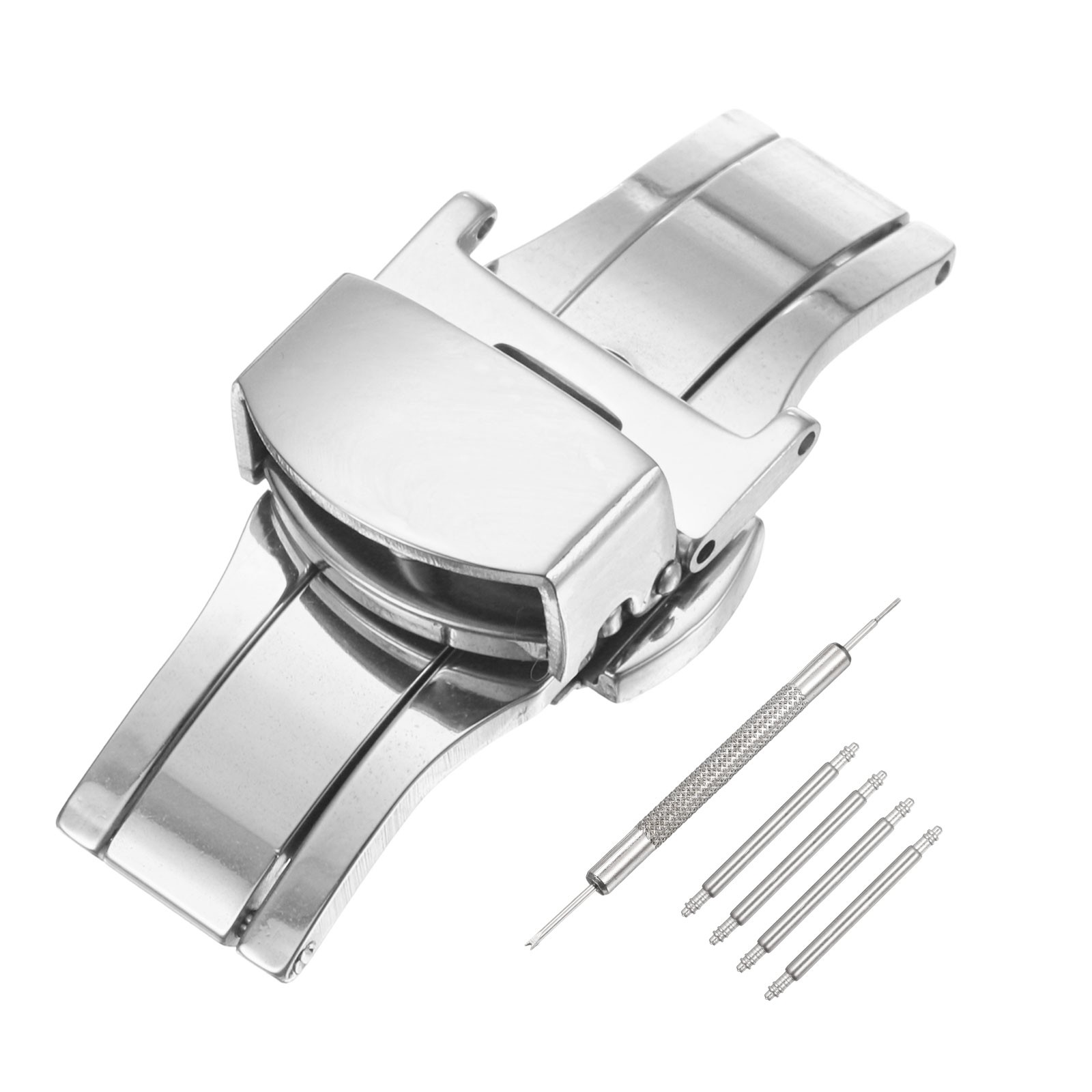 Stainless Steel Deployment Clasp 16mm Butterfly Folding Buckle Silver