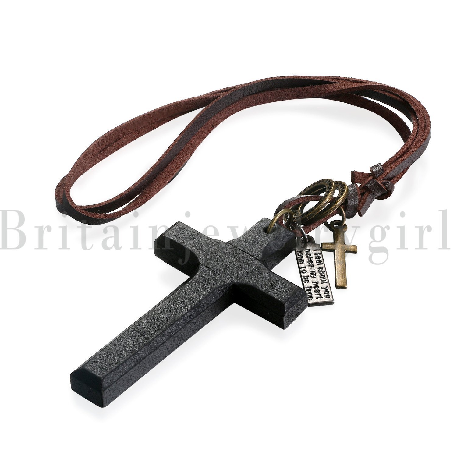 Flongo Vintage Wooden Cross Pendant Leather Rope Necklace Adjustable Men Women