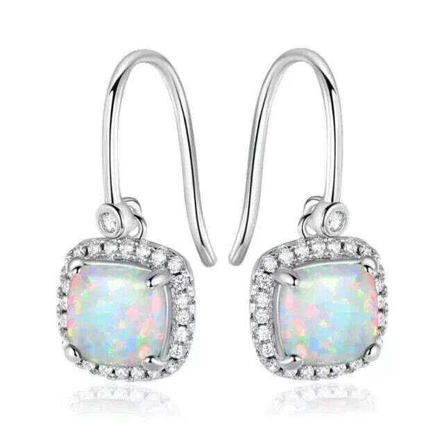 Cushion Simulated Fire Opal Women’s Drop Dangle Earring In 14k White Gold Plated