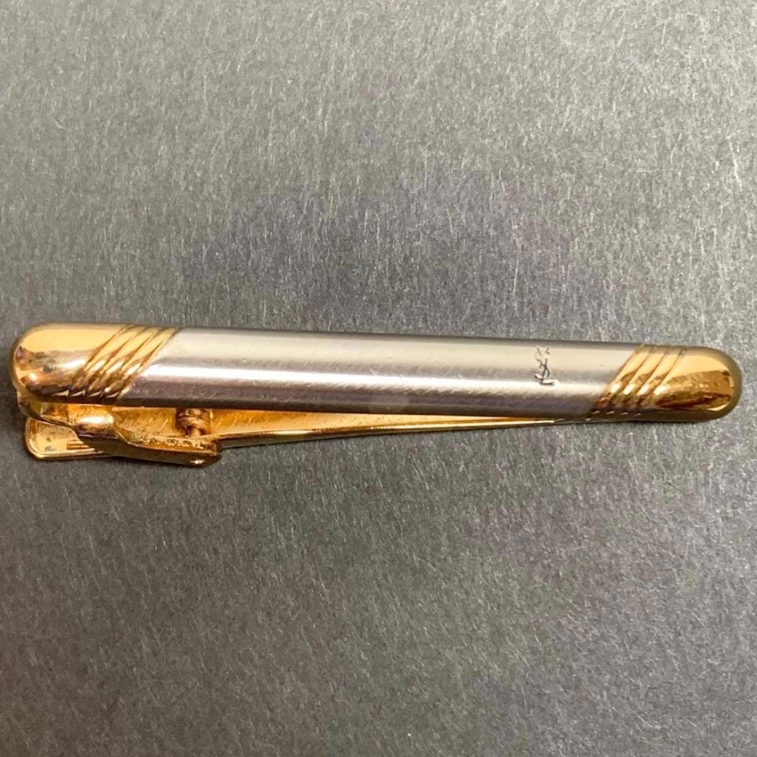 Yves Saint Laurent Tie Clip Bar Gold Silver Tone Mens Accessory Excellent⁠