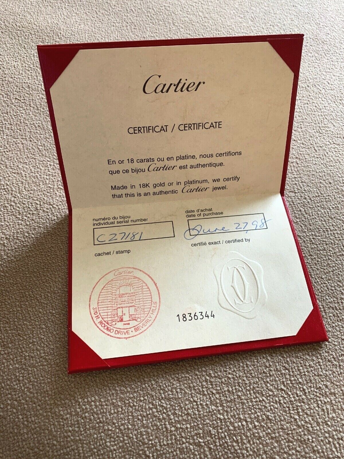 Cartier 18K Gold or Platinum Jewelry Jewel Certificate Guarantee Authentic