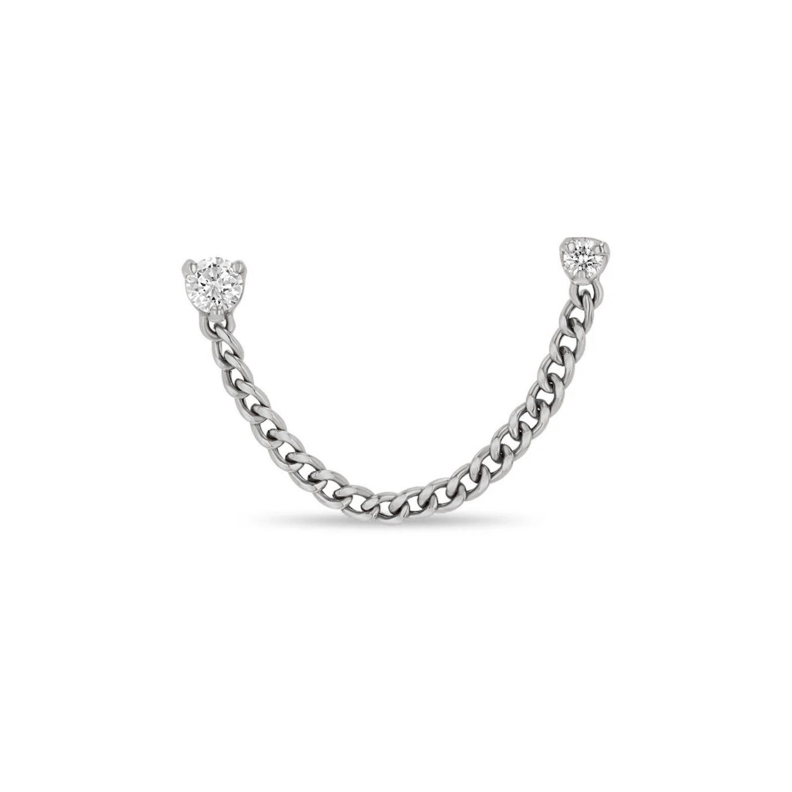 14K Solid Gold Curb Chain Double Hole Piercing Stud Earrings Round Diamond Fine