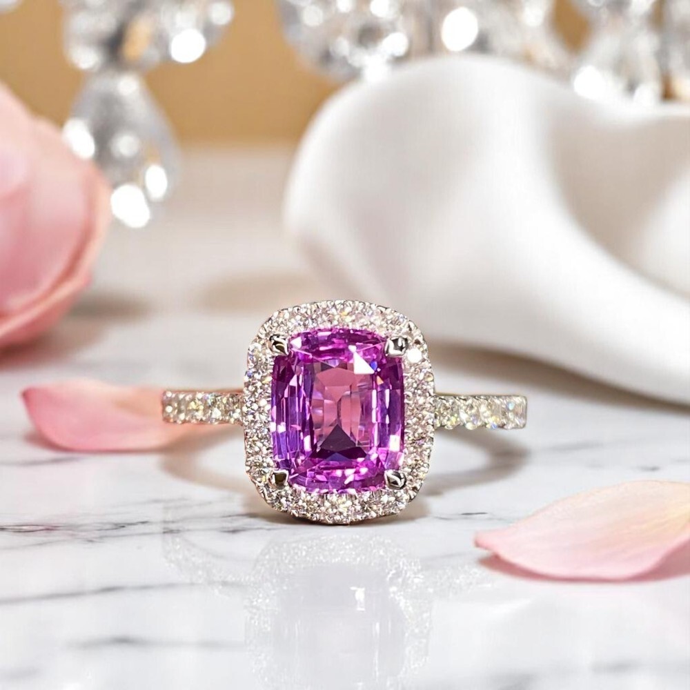Wedding Ring 2.80 Ct Lab Grown Diamond Cushion Cut Pink Sapphire 14k White Gold
