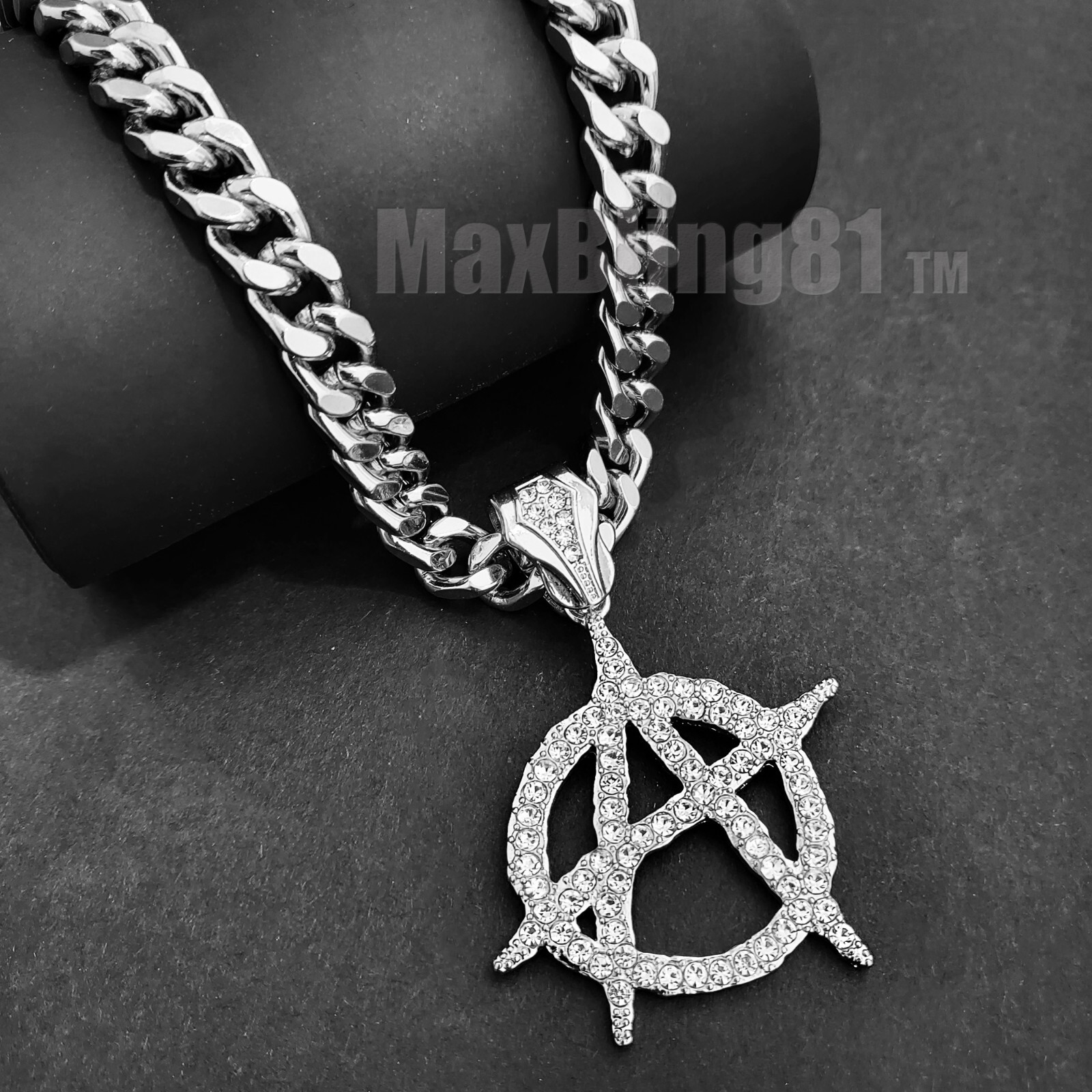Hip Hop Iced Silver Plated Alloy Cubic Zirconia Anarchy & Cuban Chain Necklace