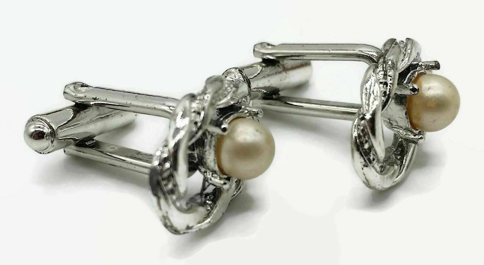 Sliver Toned 3/4″ Cufflinks Cuff Links w/ Faux Pearl Male Female Unisex