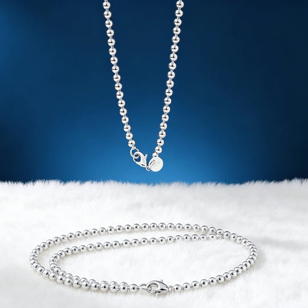 Elegant 925 Sterling Silver 4mm Classic Ball Beaded Chain Necklace for Women Men
