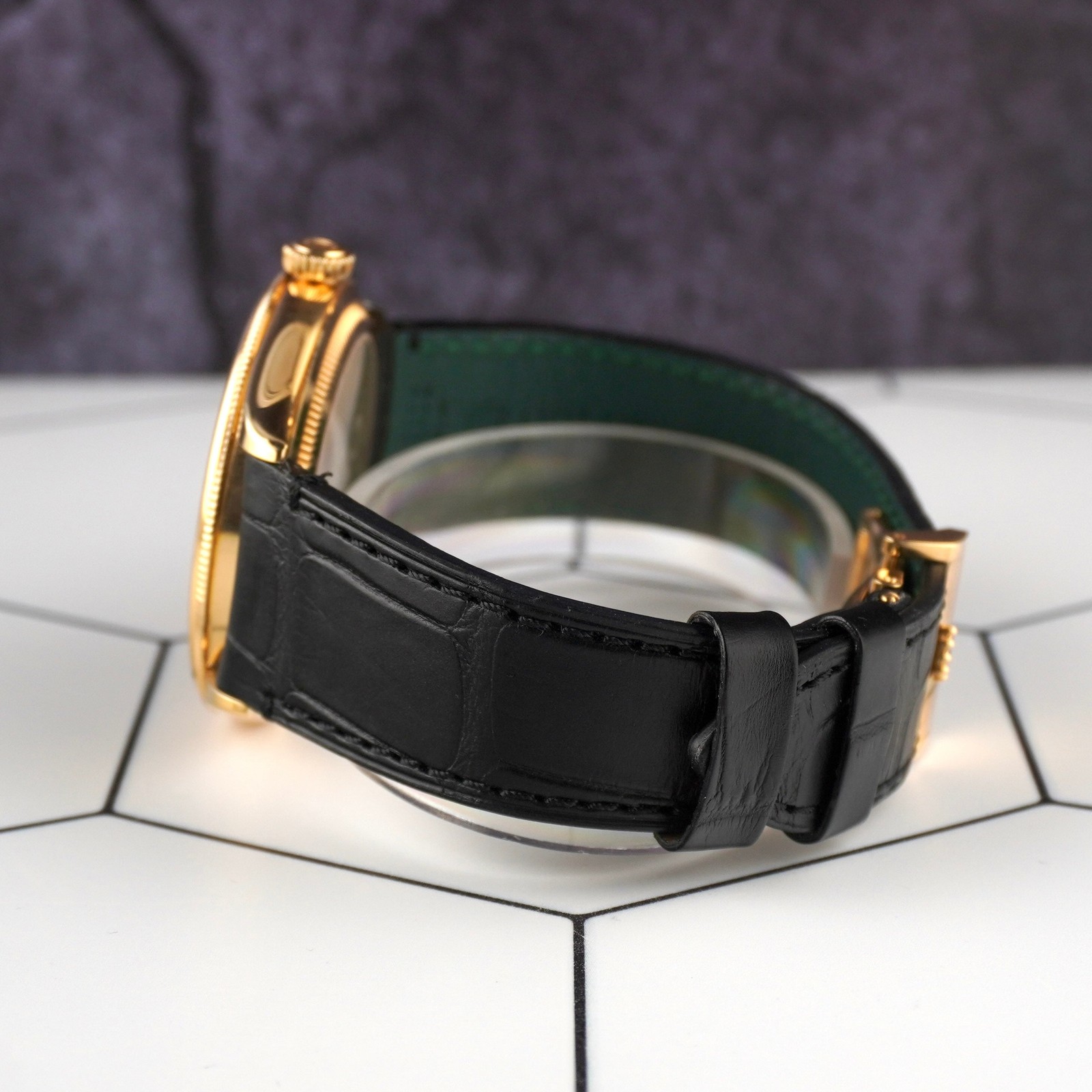 Rolex 1908 39mm Yellow Gold Black Dial Leather Band Men’s Watch 52508