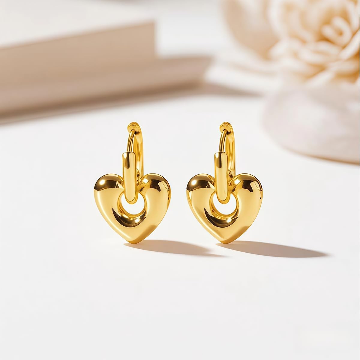 18K Gold Plated Heart Hoop Earrings for Women – Hypoallergenic Stainless Stee…