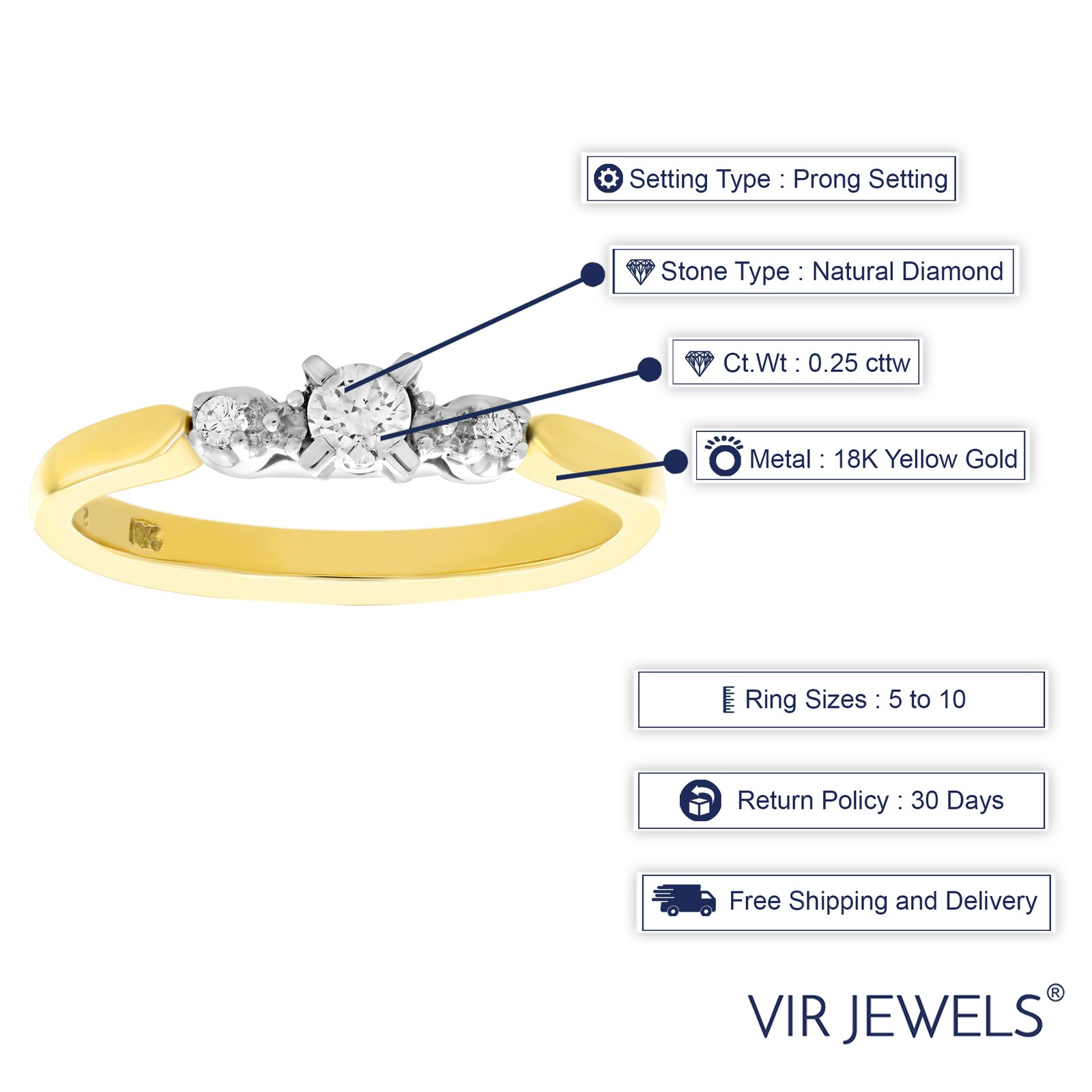 Vir Jewels 0.25 CT Diamond 3 Stone Ring 18K Yellow Gold Size 7