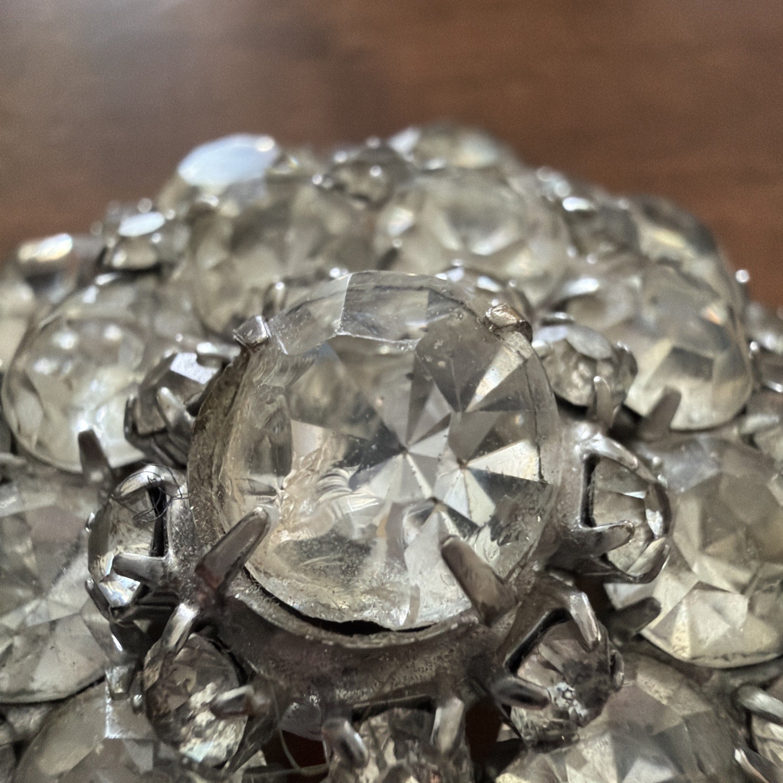 Vintage Clear Rhinestone Brooch Pin Domed Round Unsigned Mid Century 2”D Stacked