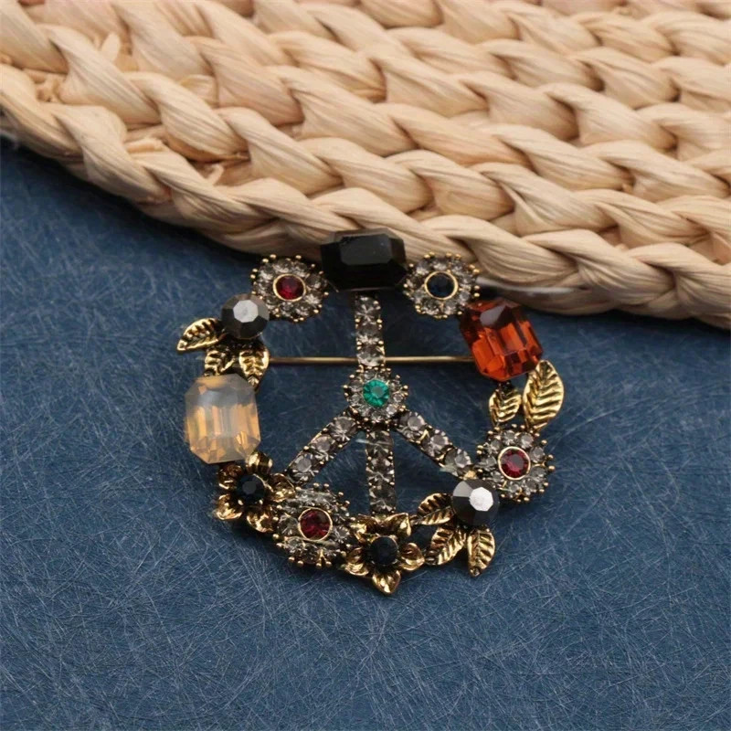 Vintage Style Luxury Alloy Brooch Pin Rhinestone Peace Sign Artificial Stone-USA
