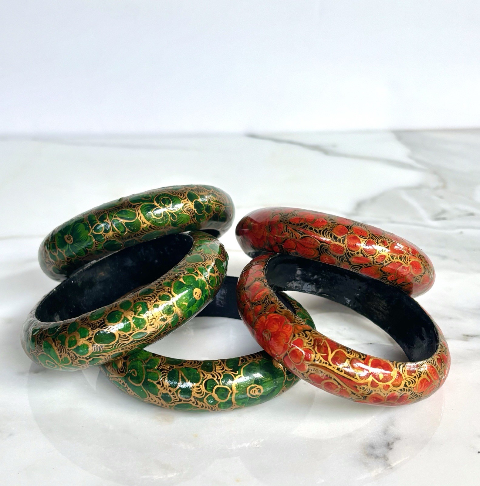 SET OF 5 NEPAL KASHMIR WOOD HAND PAINTED BANGLE BRACELETS 1980s VINTAGE MINT