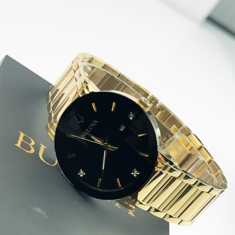 Bulova Futuro Modern 97D116 Black Diamond Dial Gold Band Quartz Men’s Watch 42MM