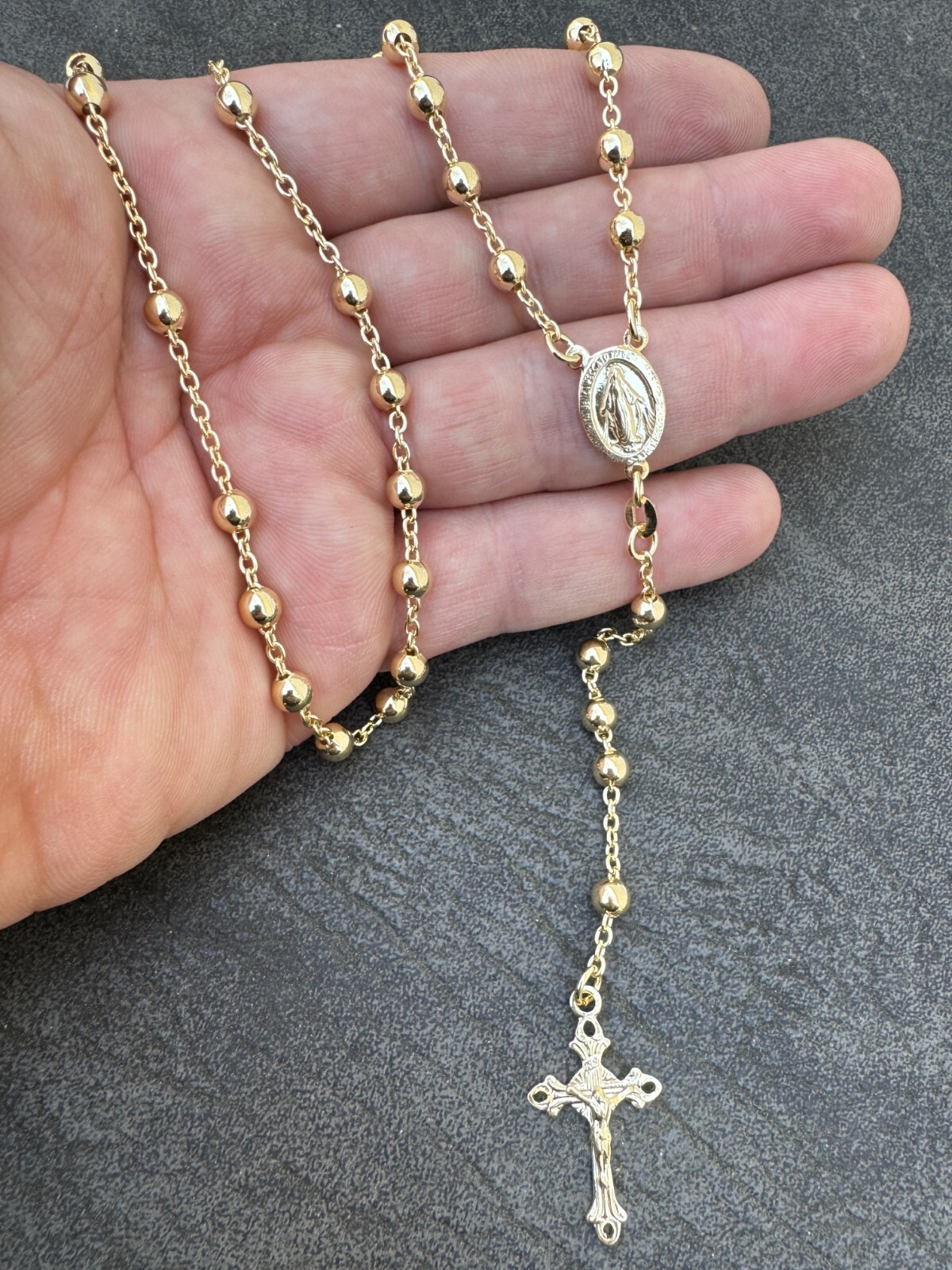 Men’s 30″ Long Rosary Beads Necklace 14k Gold Over 925 Silver Rosario ITALY 5mm