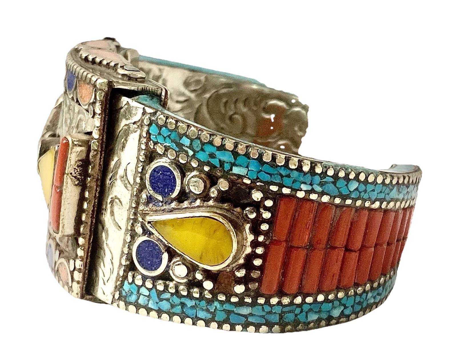 Moroccan Silver Tone Style Berber Mosaic Cuff Bracelet Coral Turquoise Enamel