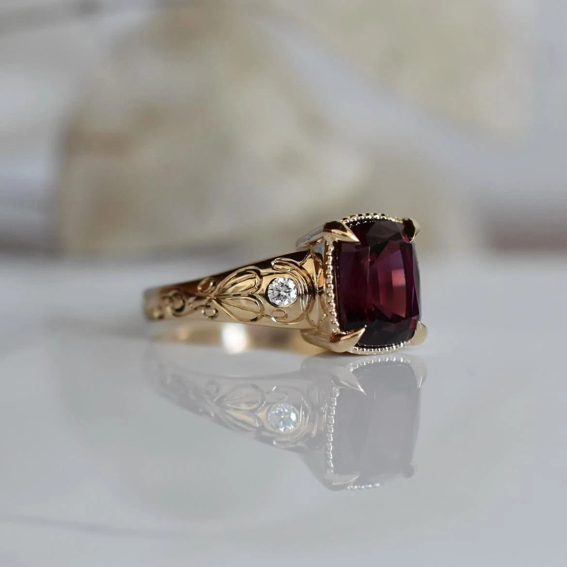 5.40 Ct Cushion Cut Natural Ruby & Diamond Wedding Ring 14K Yellow Gold