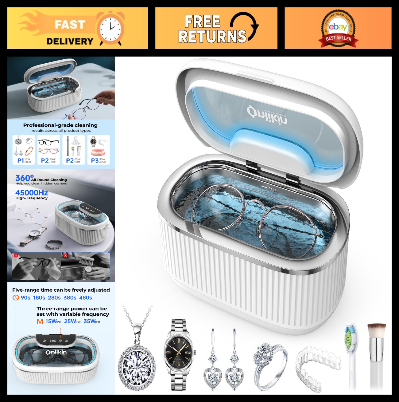 35W Ultrasonic Jewelry Cleaner – 45KHz Retainer & Eyeglasses Cleaner, 5 Timer, 3