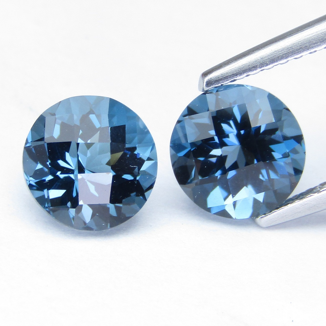 4.07Cts Natural London Blue Topaz 7.5mm Round Checker Cut Matching Pair Gemstone