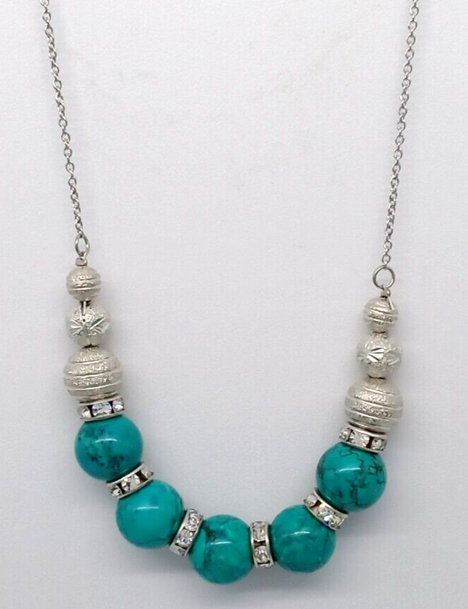 Green and Black Bead Rhinestone Chain Necklace Silver Tone Metal Clear Crystals