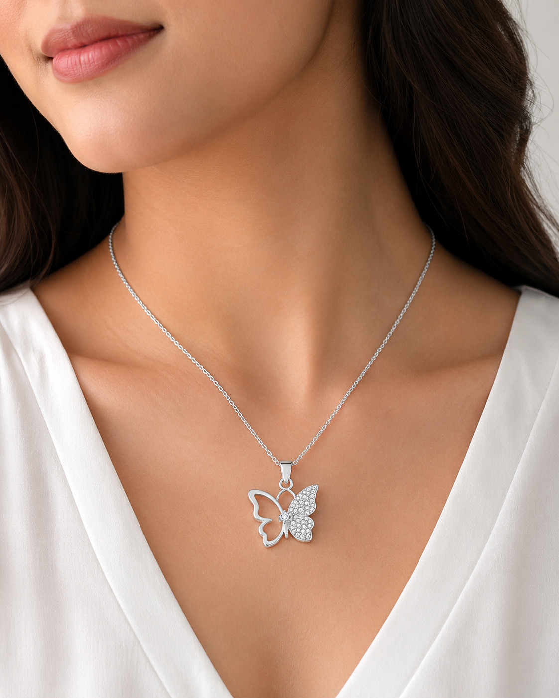 925 Sterling Silver Butterfly Pendant Necklace CZ Crystal Gift for Women