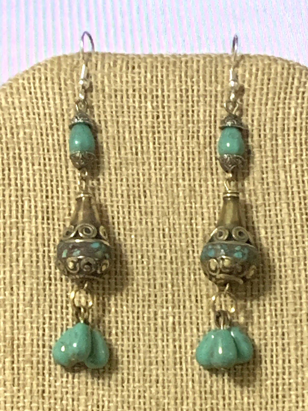 NEW ITEM* HANDCRAFTED NEPAL BEAD &TURQUOISE EARRINGS*-.925 STERLING EAR WIRE-NEW