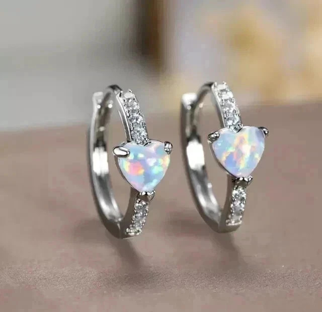 2Ct Heart Cut Natural Fire Opal Moissanite Hoop Earrings 14K White Gold Plated