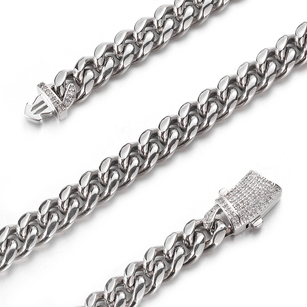 8mm Men Women Stainless Steel Maimi Cuban Link Chain Necklace 5A CZ Lock 16″-40″