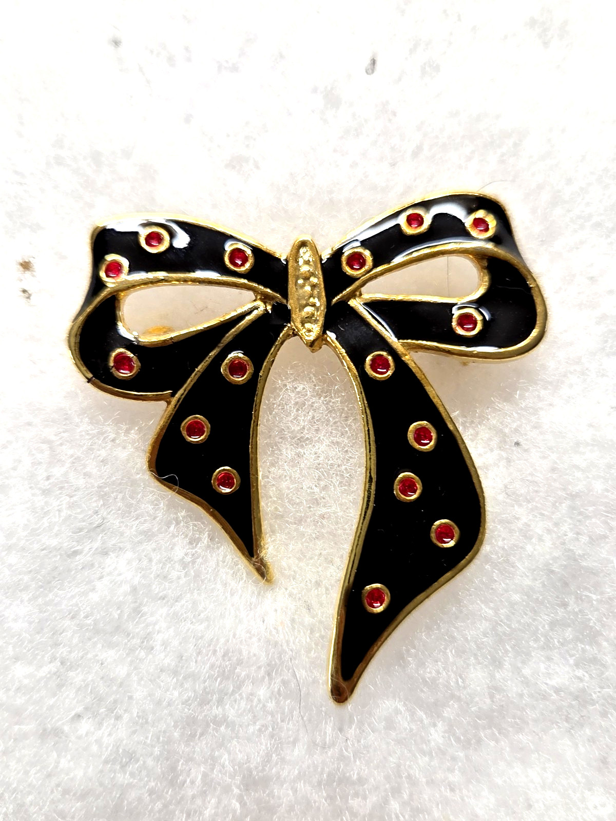 Vtg gold tone enamel Polka Dot Bow Pin
