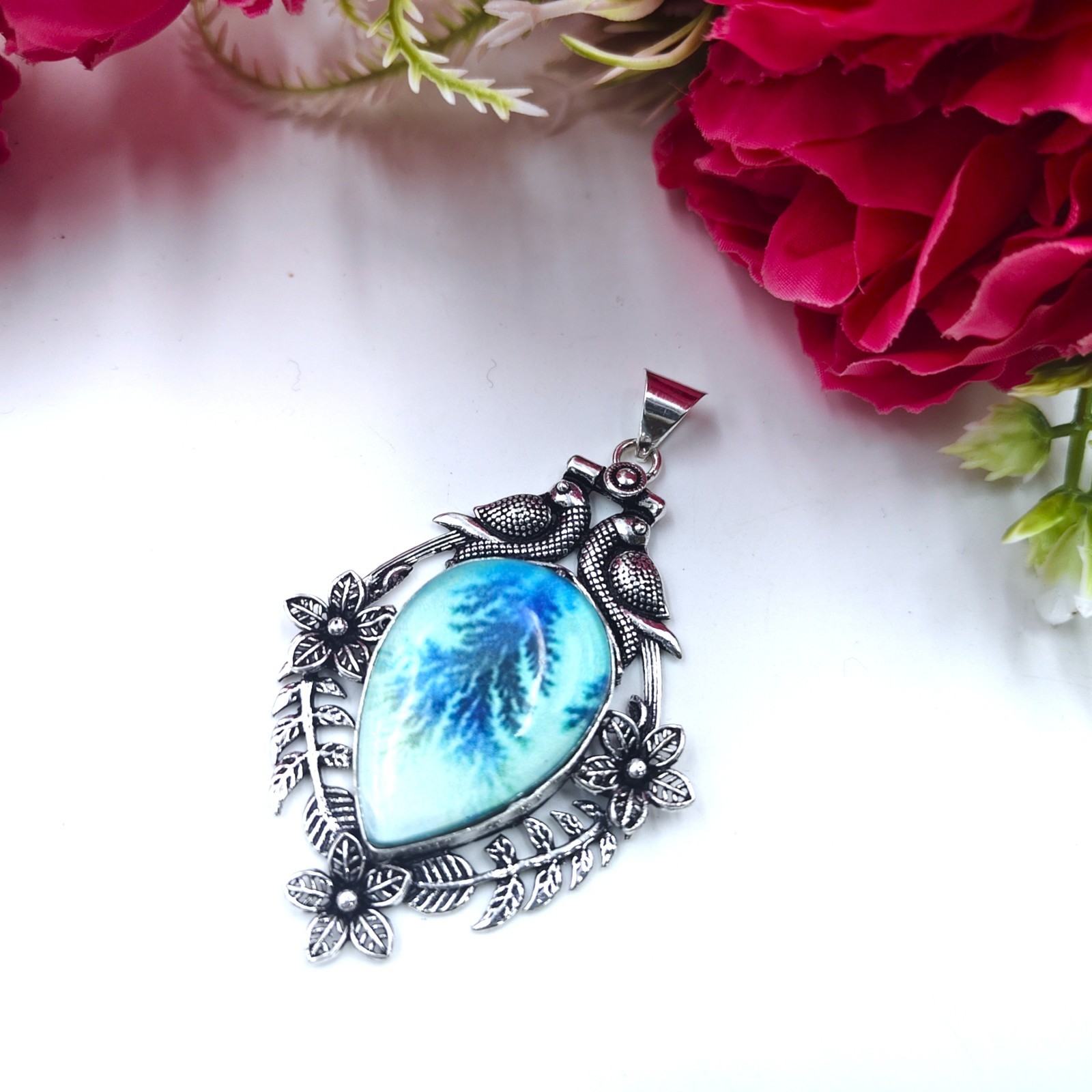 Dendritic Agate Gemstone Handmade 925 Sterling Silver Jewelry Pendant Size-2.25″