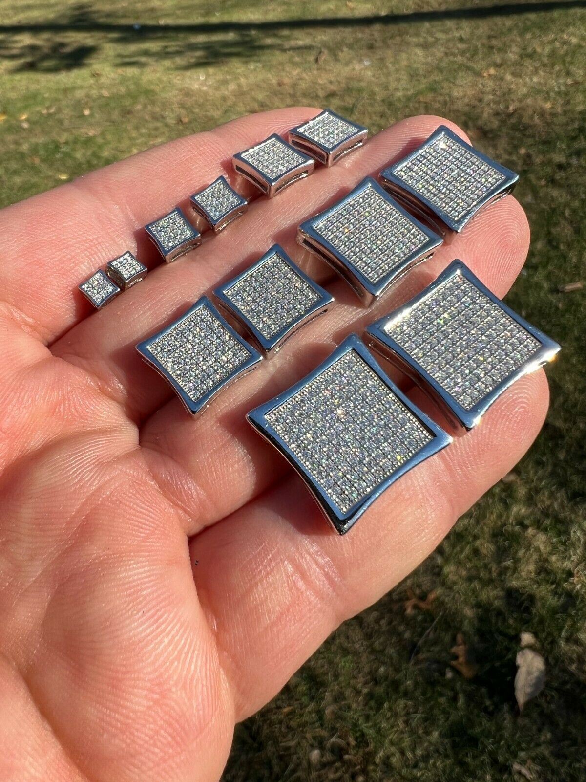 Real 925 Silver Iced CZ Screwback Square Kite Earrings 4mm-18mm Mens Ladies