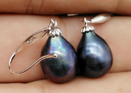 baroque AAA+ 10-12 MM NATURAL TAHITIAN BLACK PEARLS EARRING 14k white gold