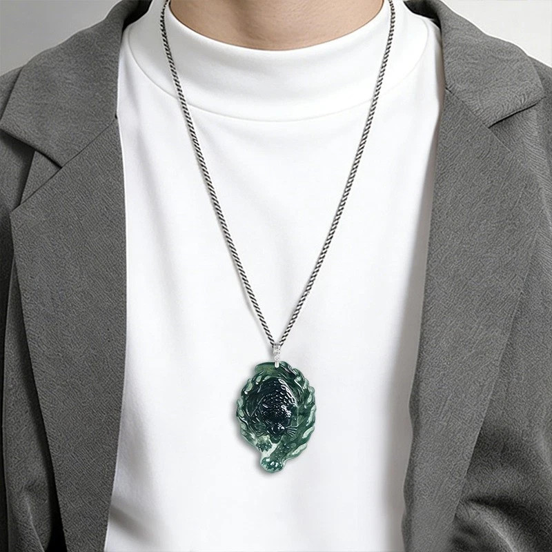 1PC Real Grade A Natural Blue Jade Jadeite Men Carved Leopard Pendant Necklace
