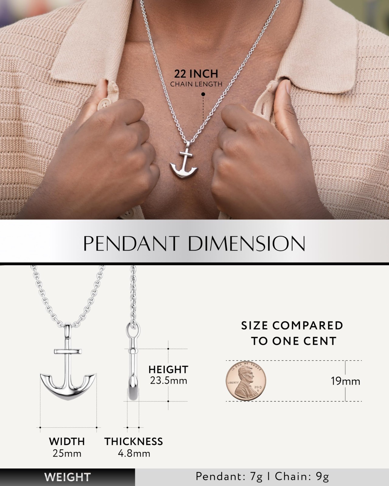 Men’s Stainless Steel Pendant Necklace – 22″ Chain, Waterproof, Non-Tarnish, Bol