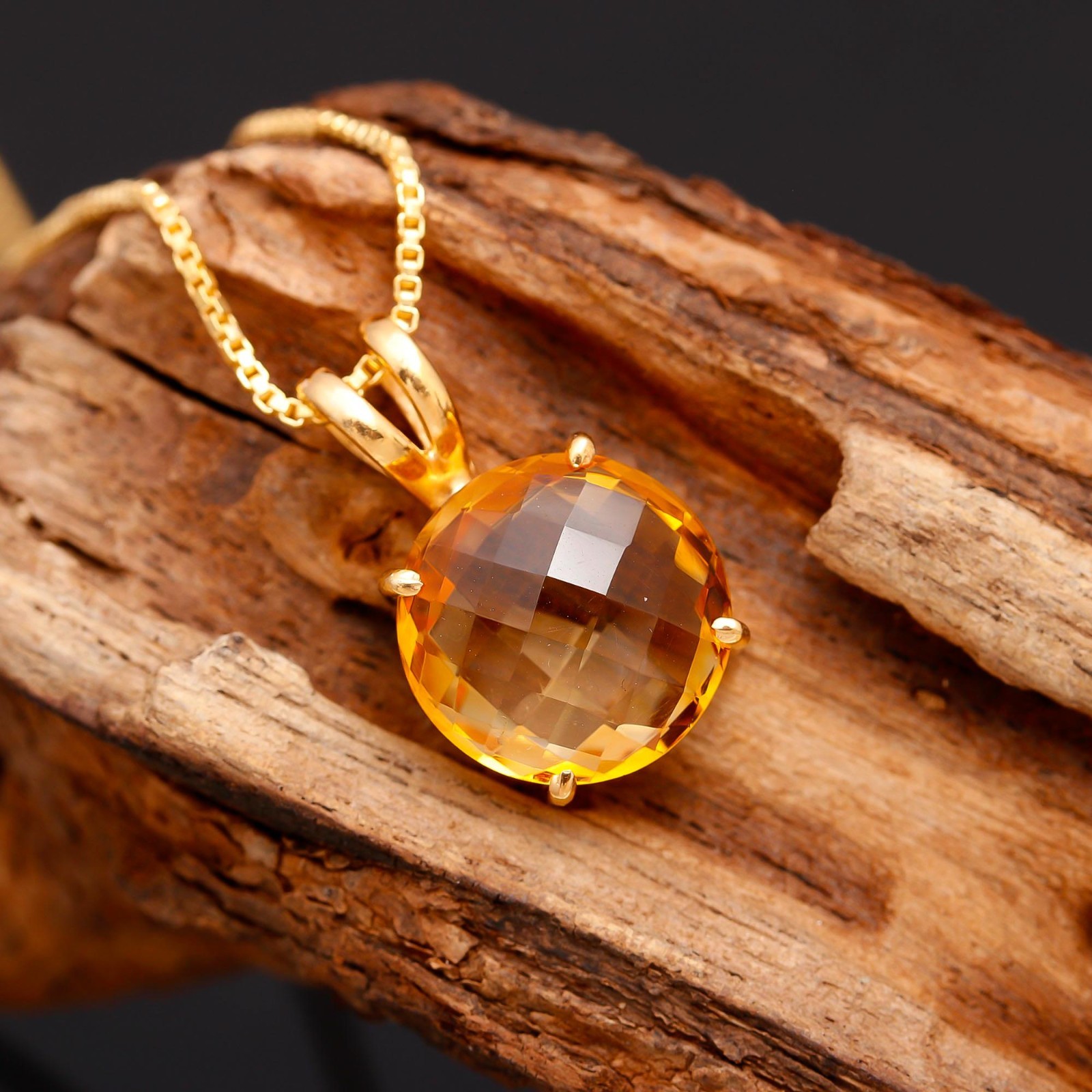 Natural Citrine Quartz Round Chain Pendant Gold Fill 925 Sterling Silver Jewelry