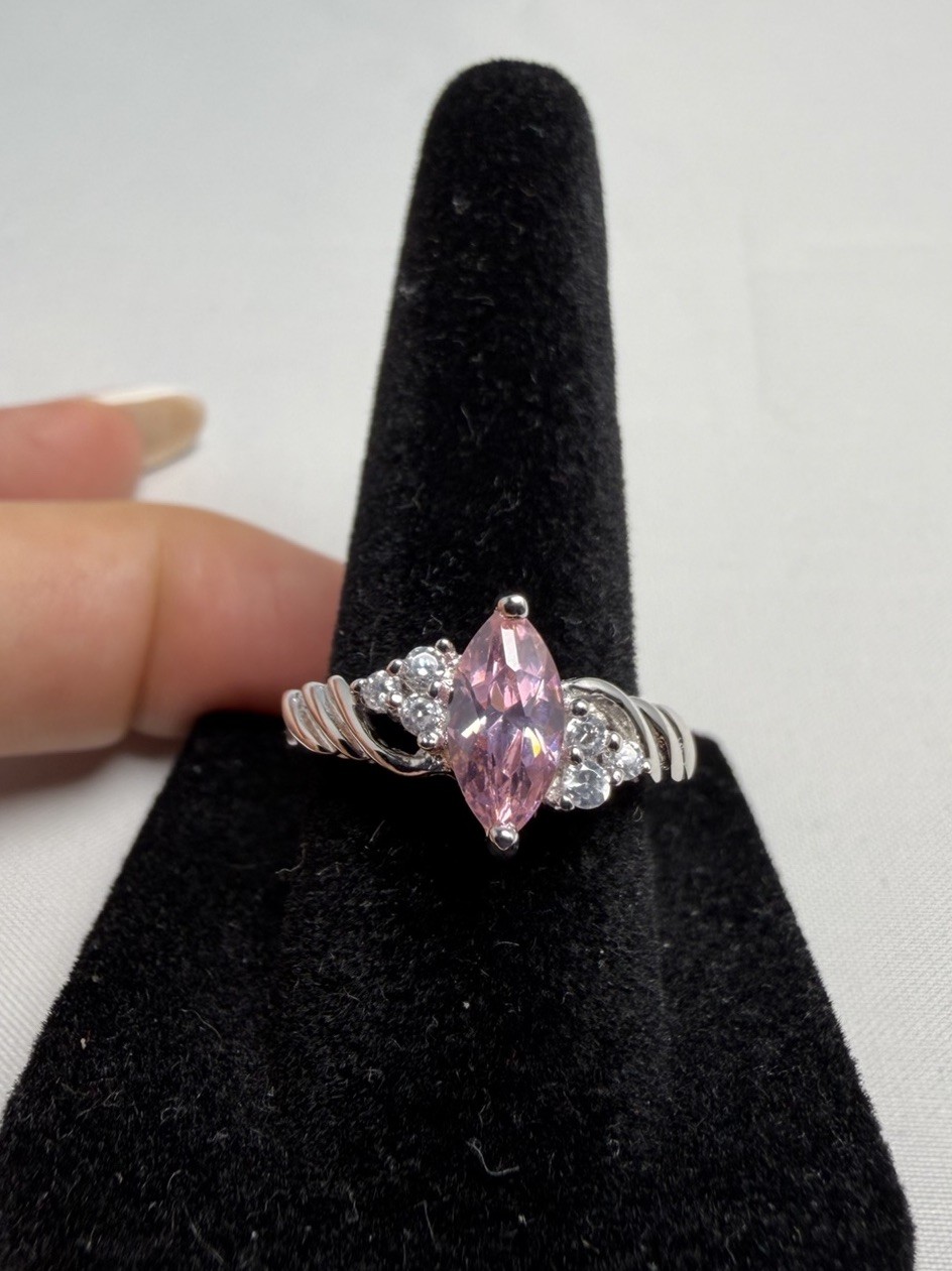 925 Sterling Silver Pink CZ Marquise Cocktail Ring Size 7.25 2ctw Simulated New