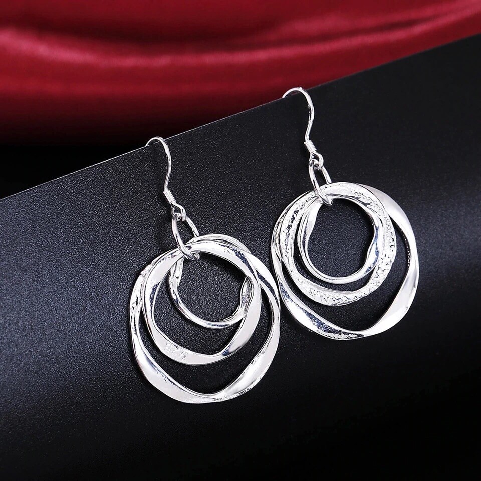 Womens 925 Sterling Silver 3 Circle Round Dangle Drop Hoop Hook Earrings E42