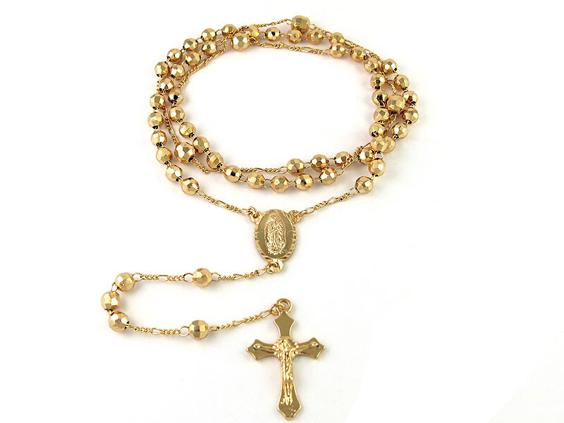 18K Gold Plated 24″ Diamond Cut Rosary Jesus Cross Charm Necklace