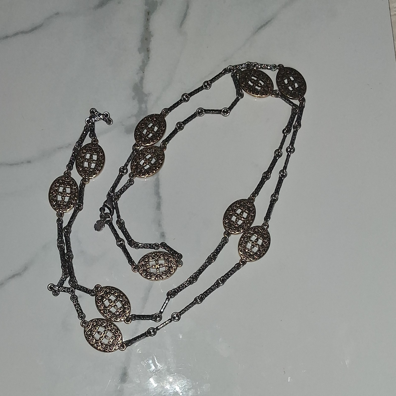 Silver Tone Layered Station Necklace, Oval Links Cable Chain, Lobster Clasp