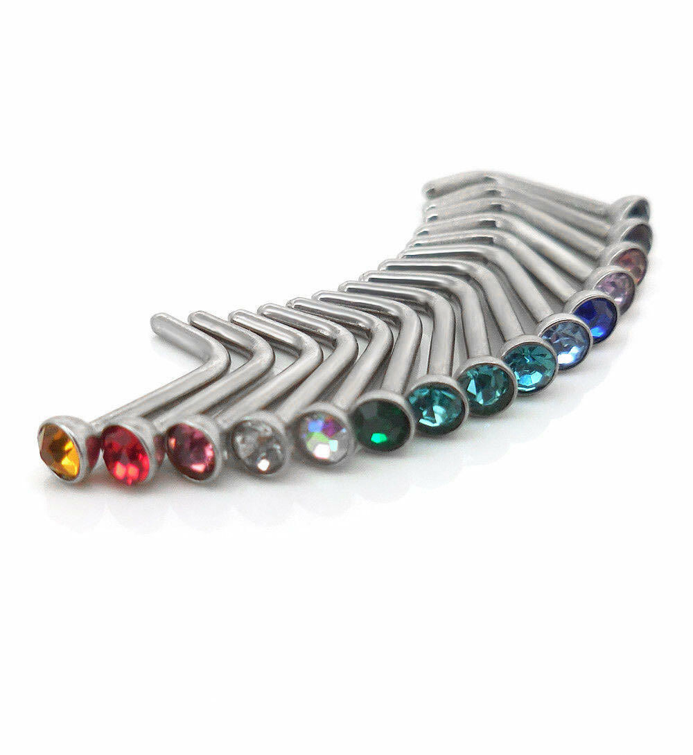 18G L Bend Shape Surgical Steel 2mm Crystal Nose Ring Rings 15 PC Lot Studs